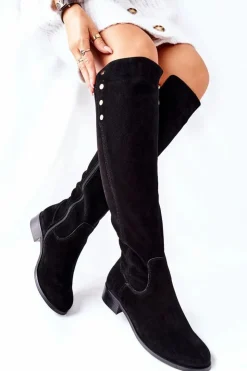 Boto Kozaki Za Kolano|Kozaki Płaskie*Zamszowe Skórzane Kozaki Lewski 2840 Czarne