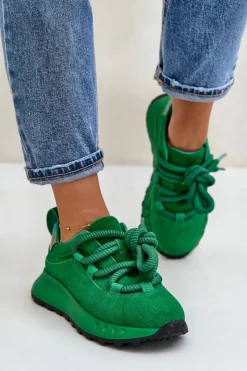 Discount Artiker Zamszowe Sneakersy Damskie Z Grubym Sznurowaniem 55C0099 Zielone