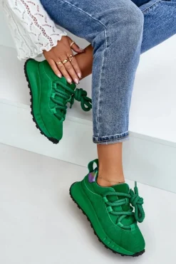 Discount Artiker Zamszowe Sneakersy Damskie Z Grubym Sznurowaniem 55C0099 Zielone