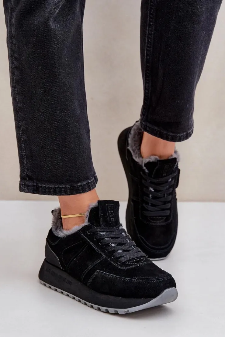 Damskie Big Star Shoes Zamszowe Sneakersy Damskie Z Futerkiem I Błyszczącym Elementem Big Star OO274580 Hi-Poly System Czarne