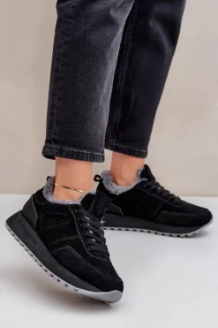 Damskie Big Star Shoes Zamszowe Sneakersy Damskie Z Futerkiem I Błyszczącym Elementem Big Star OO274580 Hi-Poly System Czarne