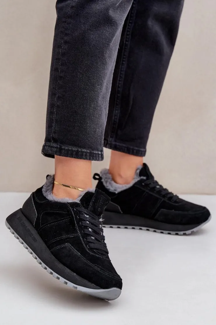 Damskie Big Star Shoes Zamszowe Sneakersy Damskie Z Futerkiem I Błyszczącym Elementem Big Star OO274580 Hi-Poly System Czarne