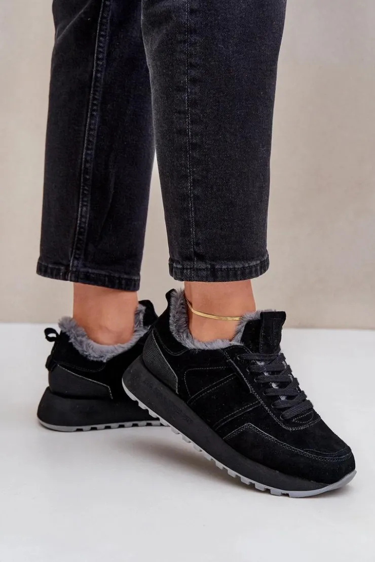 Damskie Big Star Shoes Zamszowe Sneakersy Damskie Z Futerkiem I Błyszczącym Elementem Big Star OO274580 Hi-Poly System Czarne