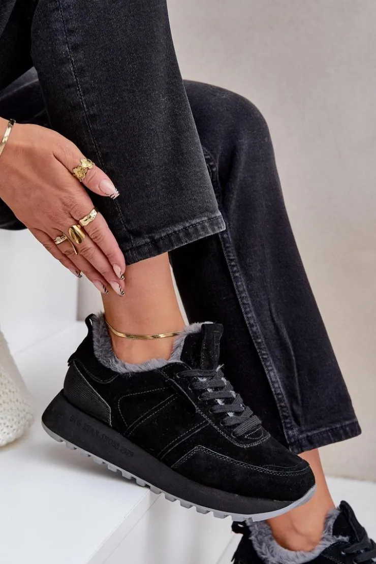 Damskie Big Star Shoes Zamszowe Sneakersy Damskie Z Futerkiem I Błyszczącym Elementem Big Star OO274580 Hi-Poly System Czarne