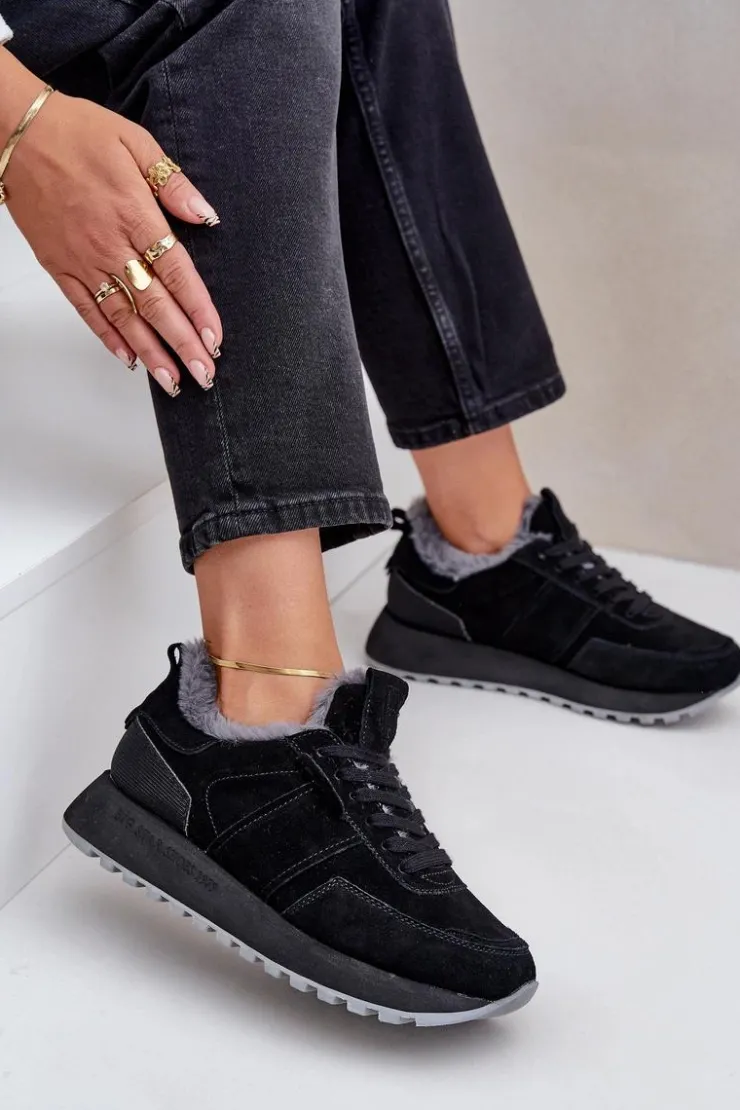 Damskie Big Star Shoes Zamszowe Sneakersy Damskie Z Futerkiem I Błyszczącym Elementem Big Star OO274580 Hi-Poly System Czarne