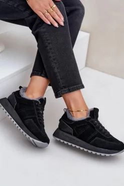 Damskie Big Star Shoes Zamszowe Sneakersy Damskie Z Futerkiem I Błyszczącym Elementem Big Star OO274580 Hi-Poly System Czarne