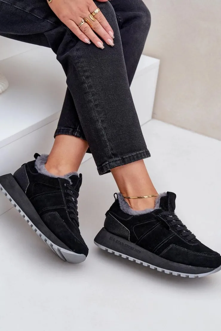 Damskie Big Star Shoes Zamszowe Sneakersy Damskie Z Futerkiem I Błyszczącym Elementem Big Star OO274580 Hi-Poly System Czarne