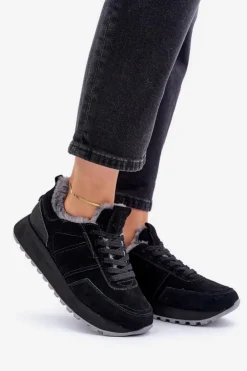 Damskie Big Star Shoes Zamszowe Sneakersy Damskie Z Futerkiem I Błyszczącym Elementem Big Star OO274580 Hi-Poly System Czarne