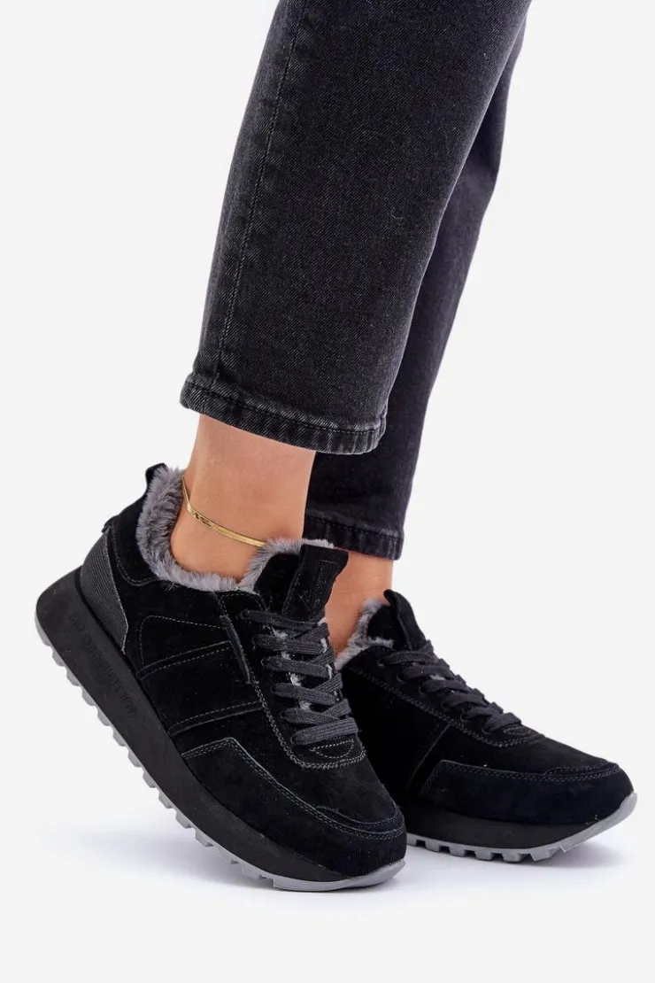 Damskie Big Star Shoes Zamszowe Sneakersy Damskie Z Futerkiem I Błyszczącym Elementem Big Star OO274580 Hi-Poly System Czarne