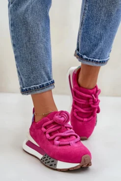 Damskie Boto Zamszowe Sneakersy Damskie Na Platformie Z Grubym Sznurowaniem Artiker 55C0086 Fuksja