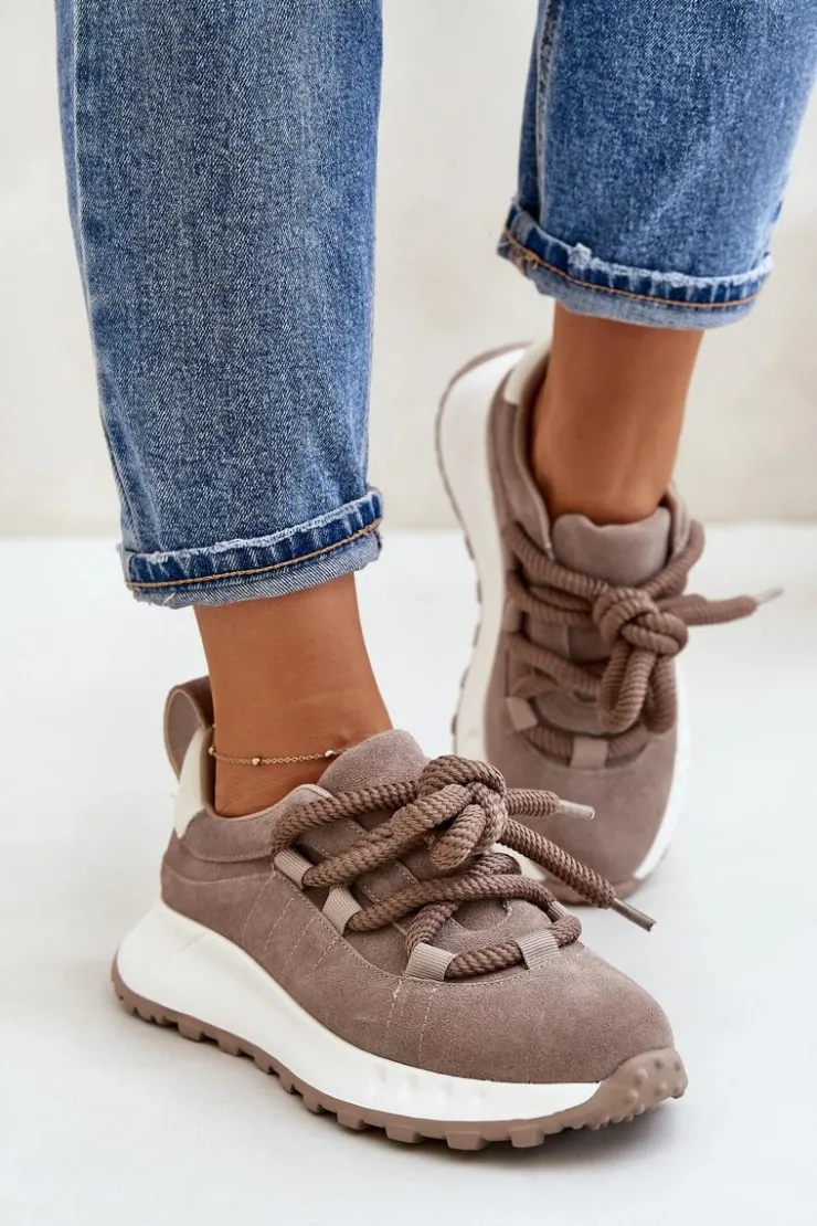Damskie Artiker Zamszowe Sneakersy Damskie Z Grubym Sznurowaniem 54C1409 Beżowe
