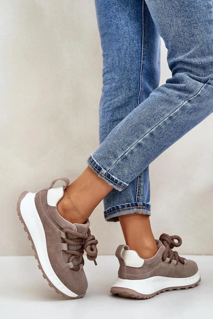 Damskie Artiker Zamszowe Sneakersy Damskie Z Grubym Sznurowaniem 54C1409 Beżowe