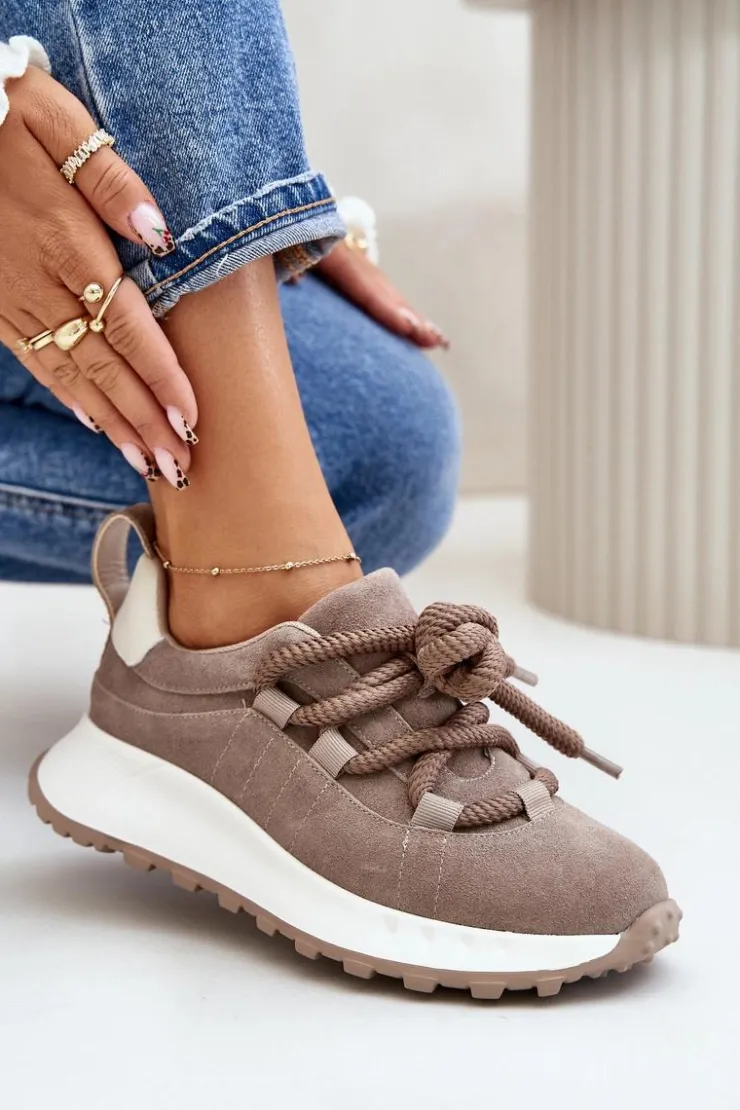 Damskie Artiker Zamszowe Sneakersy Damskie Z Grubym Sznurowaniem 54C1409 Beżowe