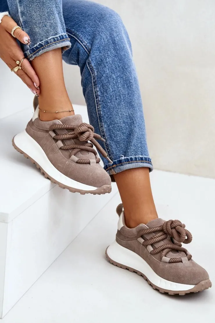 Damskie Artiker Zamszowe Sneakersy Damskie Z Grubym Sznurowaniem 54C1409 Beżowe