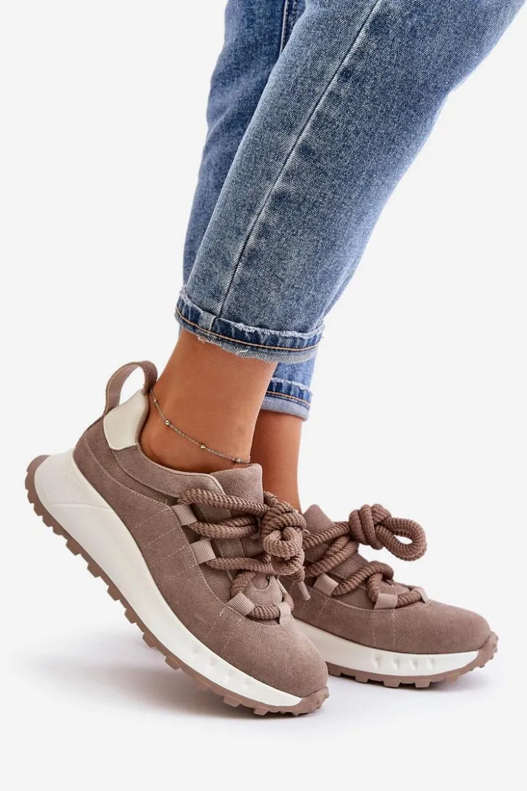 Damskie Artiker Zamszowe Sneakersy Damskie Z Grubym Sznurowaniem 54C1409 Beżowe