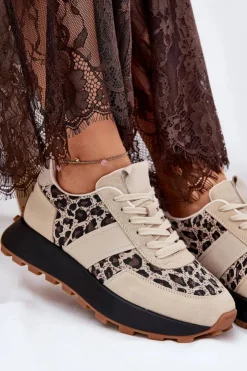 Buty damskie Vinceza Sneakersy Damskie*Zamszowe Sneakersy Damskie Na Platformie Panterka Vinceza 66793 Beżowe Beżowy