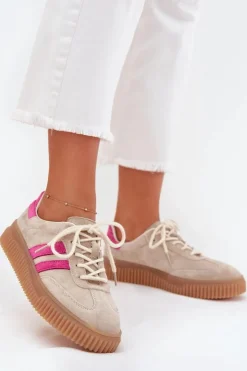 Damskie Boto Zamszowe Sneakersy Damskie Na Platformie Beżowo-Różowe Cavira