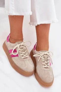 Damskie Boto Zamszowe Sneakersy Damskie Na Platformie Beżowo-Różowe Cavira