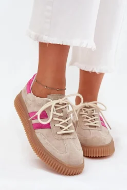 Damskie Boto Zamszowe Sneakersy Damskie Na Platformie Beżowo-Różowe Cavira