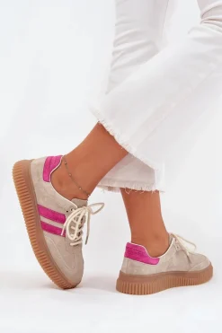 Damskie Boto Zamszowe Sneakersy Damskie Na Platformie Beżowo-Różowe Cavira