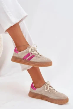 Damskie Boto Zamszowe Sneakersy Damskie Na Platformie Beżowo-Różowe Cavira