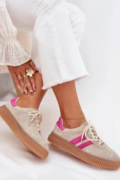 Damskie Boto Zamszowe Sneakersy Damskie Na Platformie Beżowo-Różowe Cavira