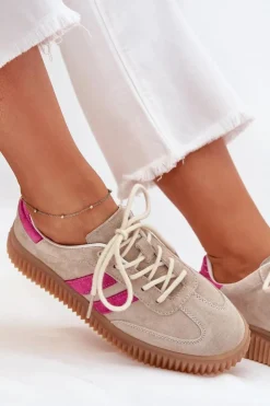 Damskie Boto Zamszowe Sneakersy Damskie Na Platformie Beżowo-Różowe Cavira