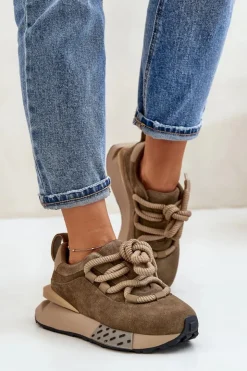 Boto Buty Sportowe Na Platformie*Zamszowe Sneakersy Damskie Na Platformie Z Grubym Sznurowaniem Artiker 54C1466 Jasnobrązowe Brązowy