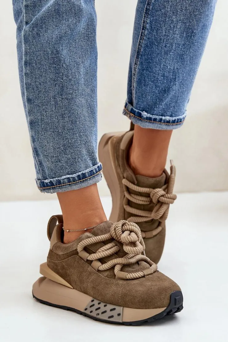 Boto Buty Sportowe Na Platformie*Zamszowe Sneakersy Damskie Na Platformie Z Grubym Sznurowaniem Artiker 54C1466 Jasnobrązowe Brązowy