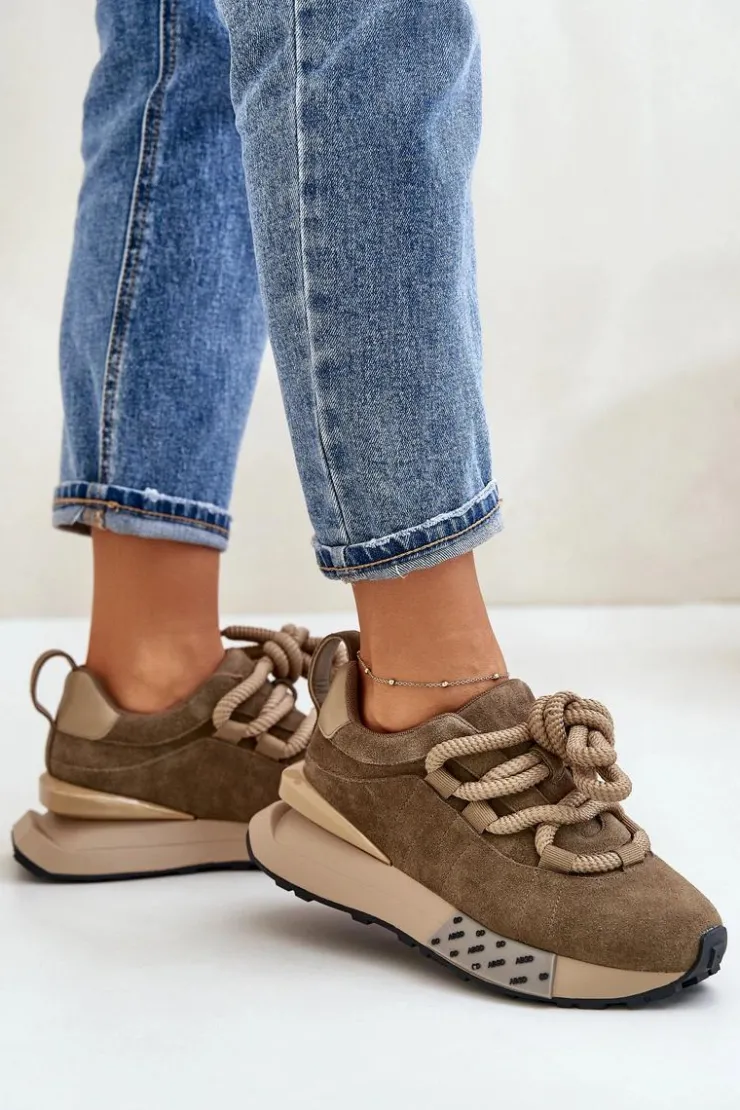 Boto Buty Sportowe Na Platformie*Zamszowe Sneakersy Damskie Na Platformie Z Grubym Sznurowaniem Artiker 54C1466 Jasnobrązowe Brązowy
