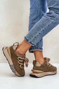 Boto Buty Sportowe Na Platformie*Zamszowe Sneakersy Damskie Na Platformie Z Grubym Sznurowaniem Artiker 54C1466 Jasnobrązowe Brązowy