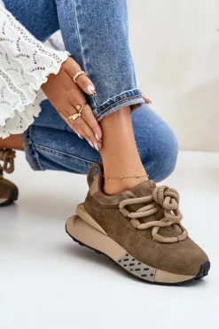 Boto Buty Sportowe Na Platformie*Zamszowe Sneakersy Damskie Na Platformie Z Grubym Sznurowaniem Artiker 54C1466 Jasnobrązowe Brązowy