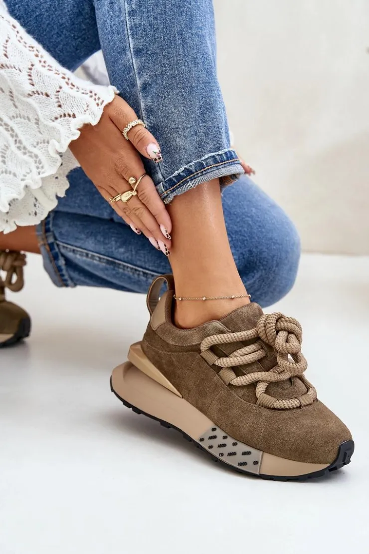 Boto Buty Sportowe Na Platformie*Zamszowe Sneakersy Damskie Na Platformie Z Grubym Sznurowaniem Artiker 54C1466 Jasnobrązowe Brązowy