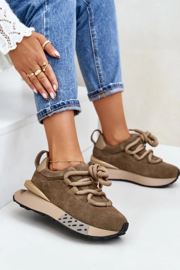 Boto Buty Sportowe Na Platformie*Zamszowe Sneakersy Damskie Na Platformie Z Grubym Sznurowaniem Artiker 54C1466 Jasnobrązowe Brązowy