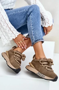 Boto Buty Sportowe Na Platformie*Zamszowe Sneakersy Damskie Na Platformie Z Grubym Sznurowaniem Artiker 54C1466 Jasnobrązowe Brązowy