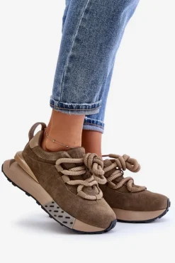 Boto Buty Sportowe Na Platformie*Zamszowe Sneakersy Damskie Na Platformie Z Grubym Sznurowaniem Artiker 54C1466 Jasnobrązowe Brązowy