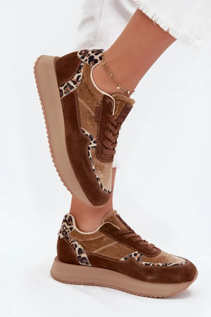 Big Star Shoes Buty Sportowe Big Star|Sneakersy Damskie*Zamszowe Sneakersy Damskie Big Star OO274A313 HI-POLY SYSTEM Brązowe Panterka Brązowy