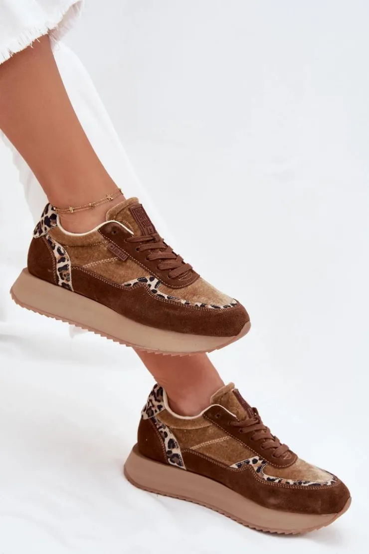 Big Star Shoes Buty Sportowe Big Star|Sneakersy Damskie*Zamszowe Sneakersy Damskie Big Star OO274A313 HI-POLY SYSTEM Brązowe Panterka Brązowy