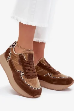 Big Star Shoes Buty Sportowe Big Star|Sneakersy Damskie*Zamszowe Sneakersy Damskie Big Star OO274A313 HI-POLY SYSTEM Brązowe Panterka Brązowy