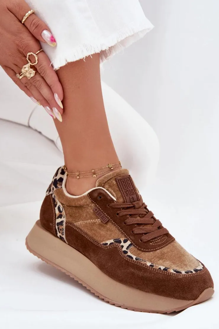 Big Star Shoes Buty Sportowe Big Star|Sneakersy Damskie*Zamszowe Sneakersy Damskie Big Star OO274A313 HI-POLY SYSTEM Brązowe Panterka Brązowy