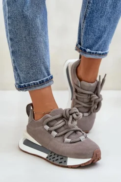Damskie Boto Zamszowe Sneakersy Damskie Na Platformie Z Grubym Sznurowaniem Artiker 54C1463 Szare