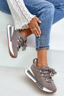 Damskie Boto Zamszowe Sneakersy Damskie Na Platformie Z Grubym Sznurowaniem Artiker 54C1463 Szare