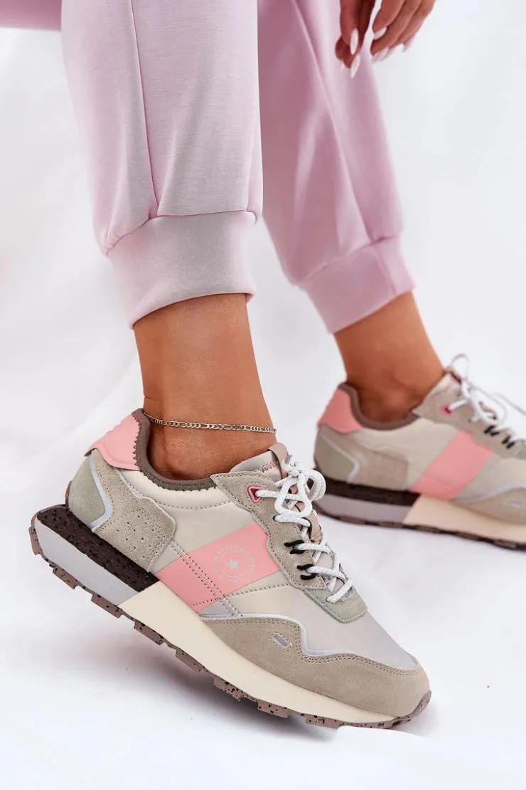 Big Star Shoes Buty Sportowe Big Star|Sneakersy Damskie*Zamszowe Sneakersy Damskie Big Star RR274243 HI-POLY SYSTEM Szaro-Różowe