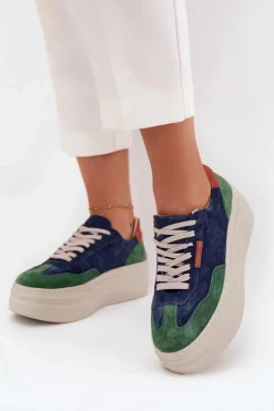 Outlet Zazoo Zamszowe Sneakersy Damskie Na Platformie N1269S3 Zielono-Granatowe Niebieski