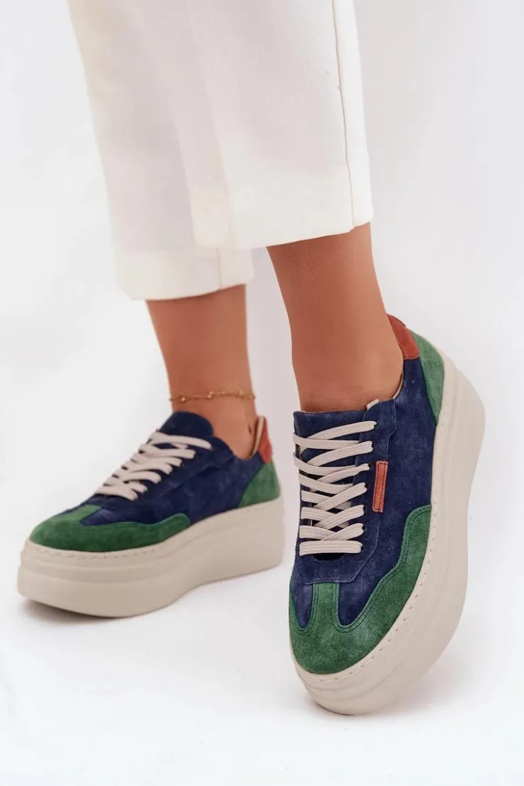 Outlet Zazoo Zamszowe Sneakersy Damskie Na Platformie N1269S3 Zielono-Granatowe Niebieski