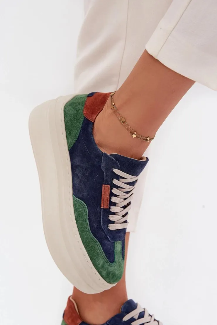 Outlet Zazoo Zamszowe Sneakersy Damskie Na Platformie N1269S3 Zielono-Granatowe Niebieski