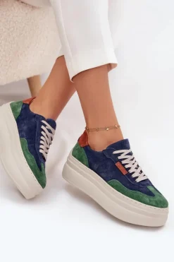 Outlet Zazoo Zamszowe Sneakersy Damskie Na Platformie N1269S3 Zielono-Granatowe Niebieski