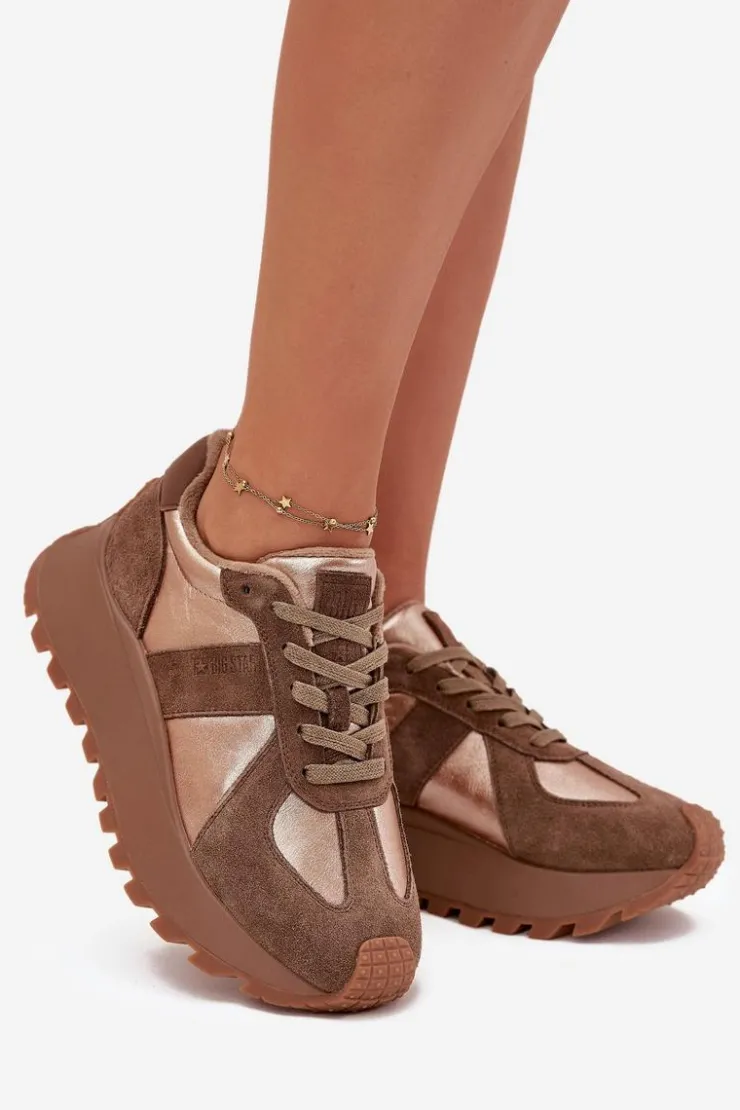 Damskie Big Star Shoes Zamszowe Sneakersy Damskie Ocieplane Na Platformie Big Star OO274A218 HI-POLY SYSTEM Brązowe