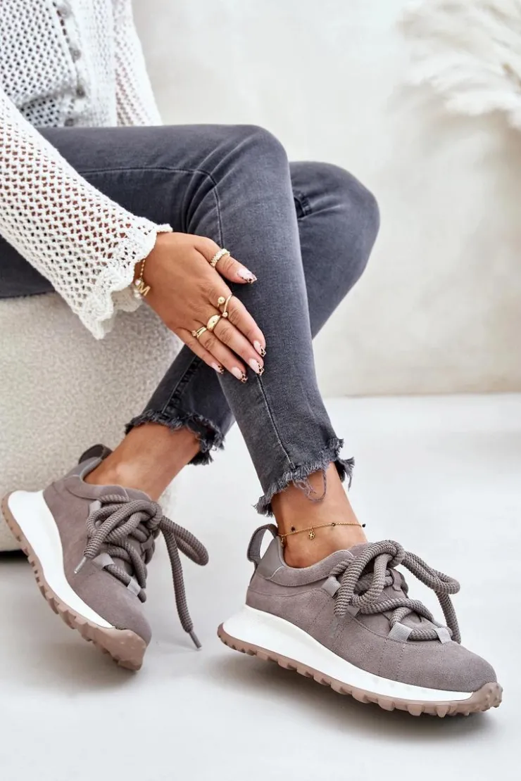 Online Artiker Zamszowe Sneakersy Damskie Z Grubym Sznurowaniem 54C1465 Szare Szary
