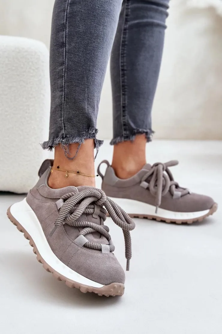 Online Artiker Zamszowe Sneakersy Damskie Z Grubym Sznurowaniem 54C1465 Szare Szary